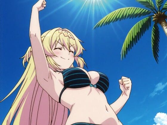 アズサ・アイザワが水着姿でショ〇との海エッチを楽しむスライム倒して300年エロ同人誌【水着でおねショタ 「スライム倒して300年 アズサ・アイザワ」】の表紙画像